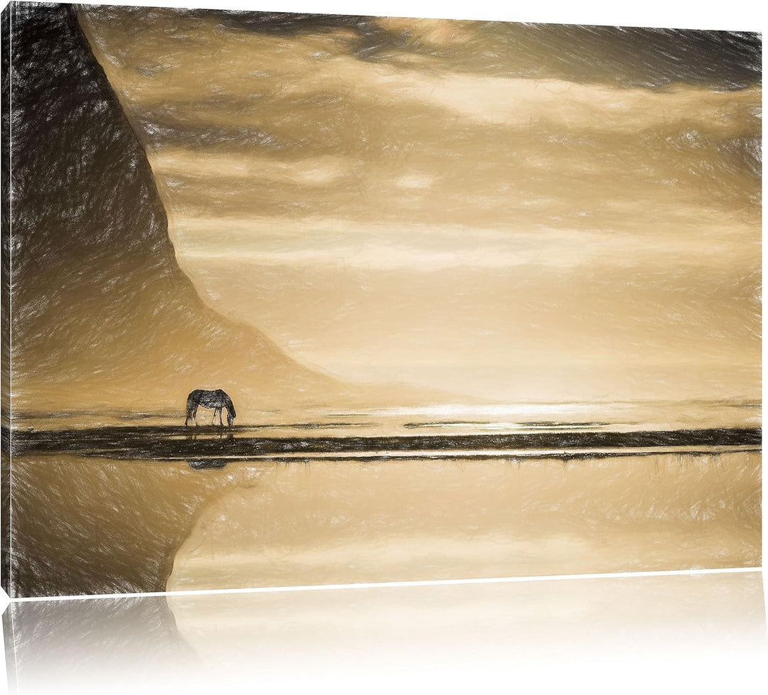 Pixxprint Pferd am Ufer Einer Insel als Leinwandbild/Grösse: 100x70 cm/Wandbild/Kunstdruck/fertig be