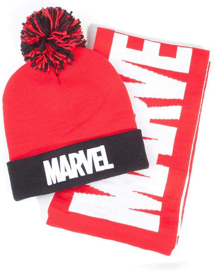 Marvel Unisex Comics Logo Bobble Beanie & Scarf Gift Mütze, Schal & Handschuh-Set, Rot (Red Red), On