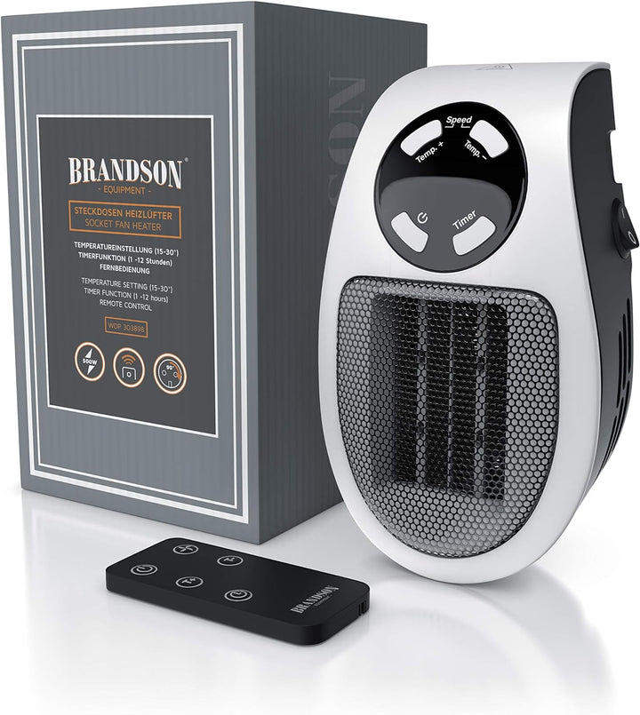 CSL - Steckdosen Heizlüfter mit Fernbedienung, Mini Keramik Heizung mit Thermostat, Lüfter 500W, Tem