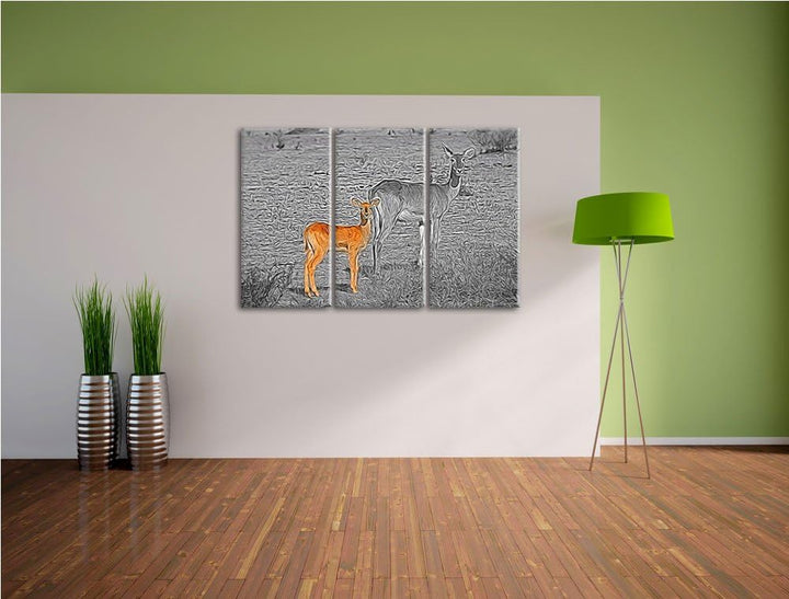 prächtige Indische Gazelle mit süssem Jungtier schwarz/weiss Spezial 3-Teiler Leinwandbild 120x80 Bi