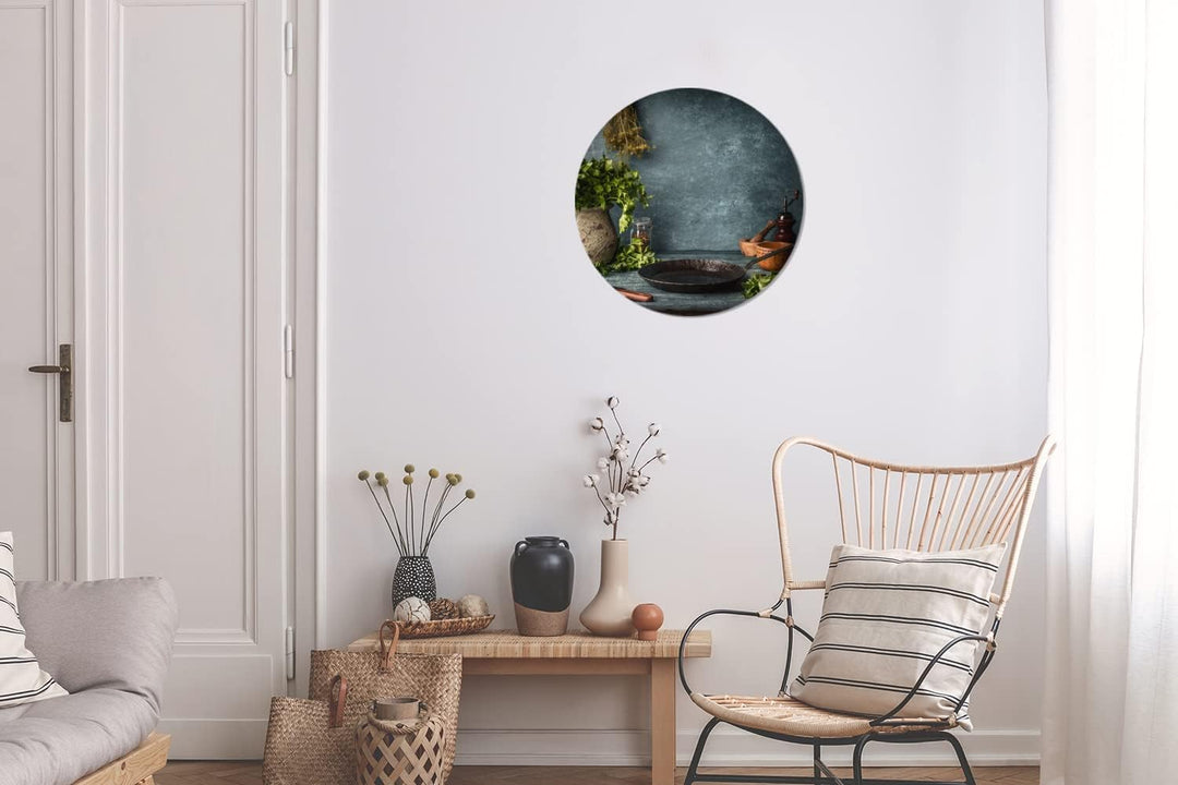 MuchoWow Wandbild Rund Wanddeko Deko Wohnzimmer Bilder 30x30 cm Kräuter - Gewürze - Pfanne - Messer