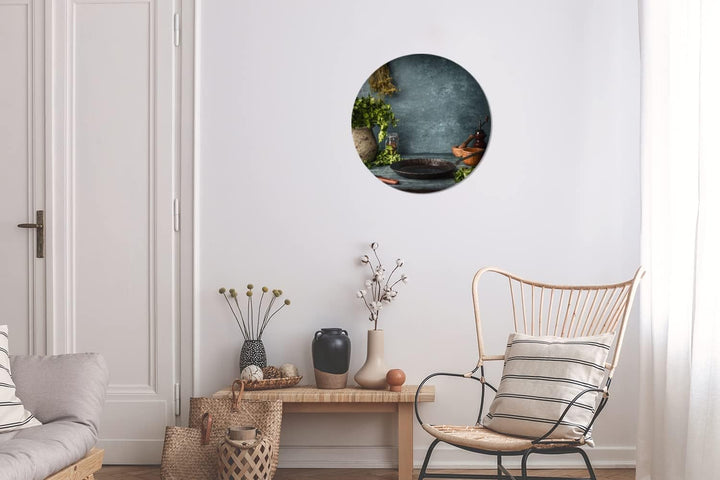 MuchoWow Wandbild Rund Wanddeko Deko Wohnzimmer Bilder 30x30 cm Kräuter - Gewürze - Pfanne - Messer