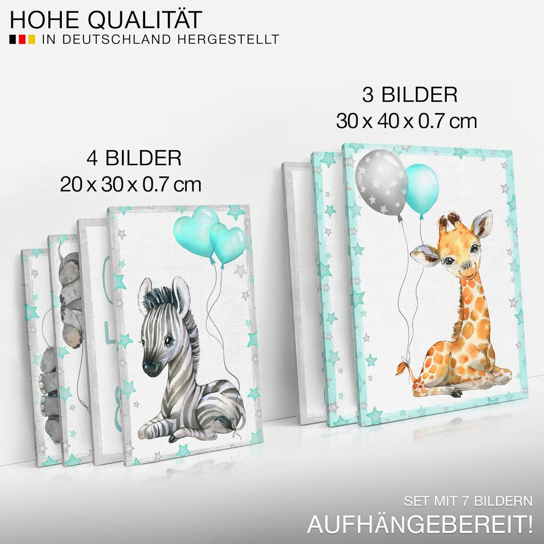 Novart Wandbilder Tiere - KOMPLETT AUFHÄNGFERTIG - Afrika Blau Kinderzimmer Mädchen Junge- 7 Moderne