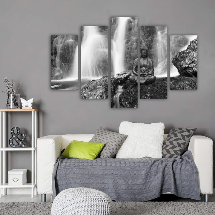 Feeby Wandbild XXL 5 tlg Buddha Deco Panel Bild Wasserfall Natur Schwarzweiss 300x140 cm Deco panel