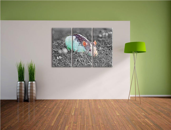 kleine Maus auf Blumenwiese schwarz/weiss Deluxe 3-Teiler Leinwandbild 120x80 Bild auf Leinwand, XXL