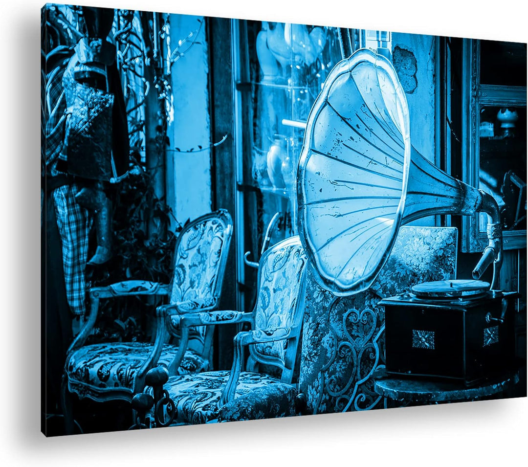 deyoli nostalgischer Plattenspieler Format 80x60 Effekt: Monocrome Blau als Leinwandbild, Motiv fert