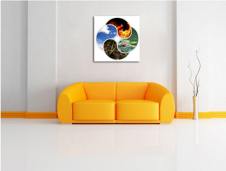 Die vier Elemente, Format: 70x70 auf Leinwand, XXL riesige Bilder fertig gerahmt mit Keilrahmen, Kun