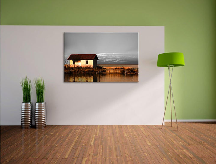 Pixxprint Haus am See bei Sonnenuntergang als Leinwandbild/Grösse: 100x70 cm/Wandbild/Kunstdruck/fer