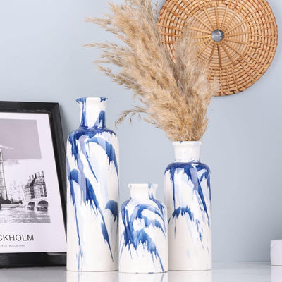 Blaue Keramikvase, 3er-Set – dekorative marineblaue und weisse Vase für Tafelaufsätze, Bauernhaus- u