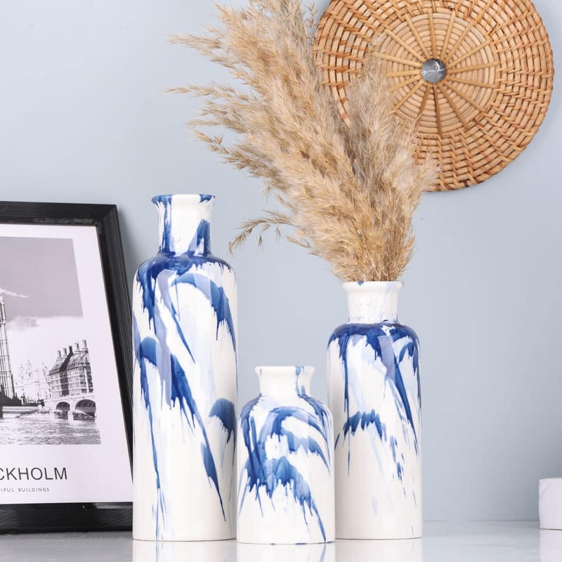 Blaue Keramikvase, 3er-Set – dekorative marineblaue und weisse Vase für Tafelaufsätze, Bauernhaus- u