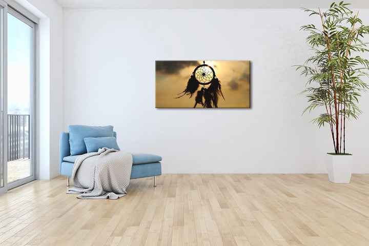 Traumfänger im Wind Panorama 80x40 cm als Leinwandbild, Motiv fertig gerahmt auf Echtholzrahmen, Hoc