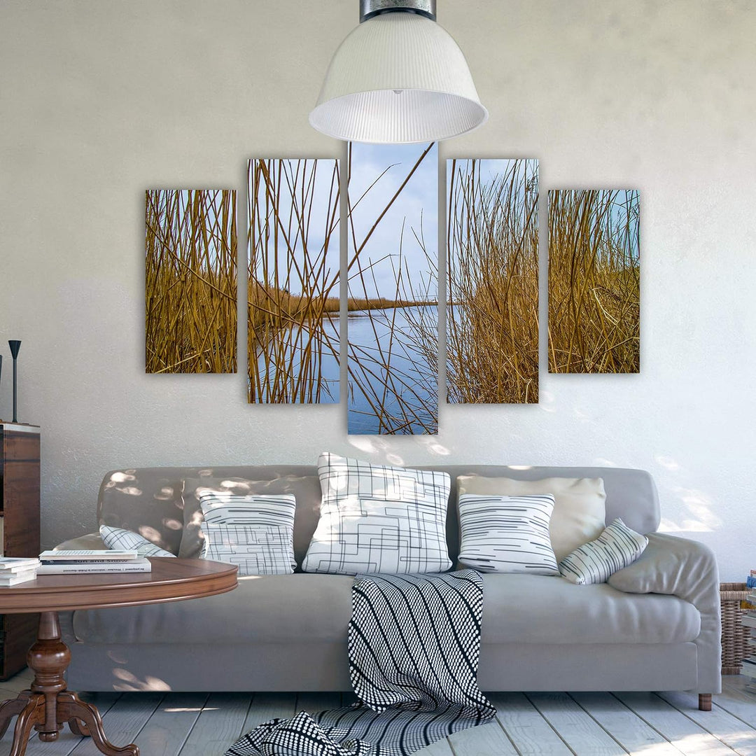 Feeby Leinwandbild 5 Teilig Natur Bild Wanddeko Kalmus See Wasser Himmel braun 150x100 cm Leinwandbi