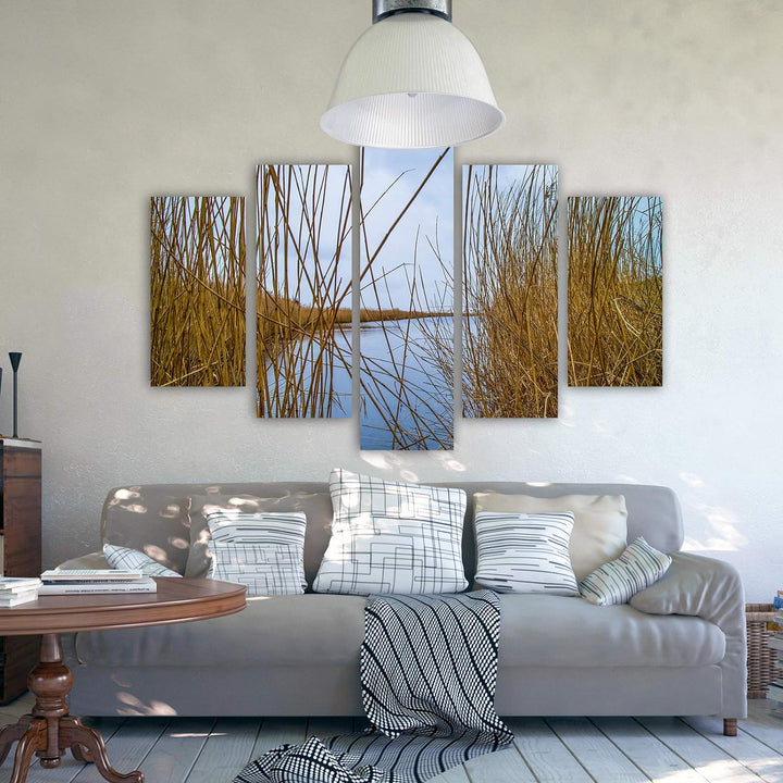 Feeby Leinwandbild 5 Teilig Natur Bild Wanddeko Kalmus See Wasser Himmel braun 150x100 cm Leinwandbi