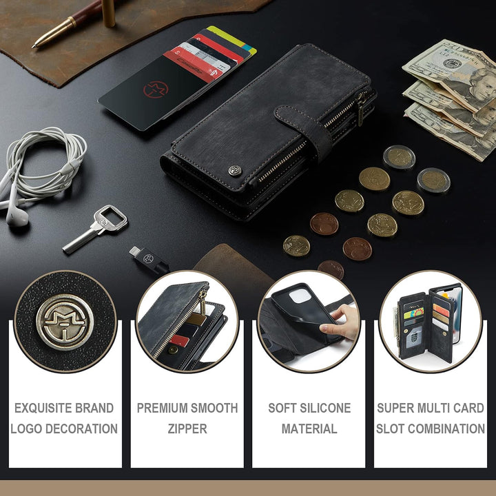 QLTYPRI Handyhülle für iPhone 13 Pro, Reissverschluss Hülle PU Leder Klapphülle Kartenfach Geldbörse