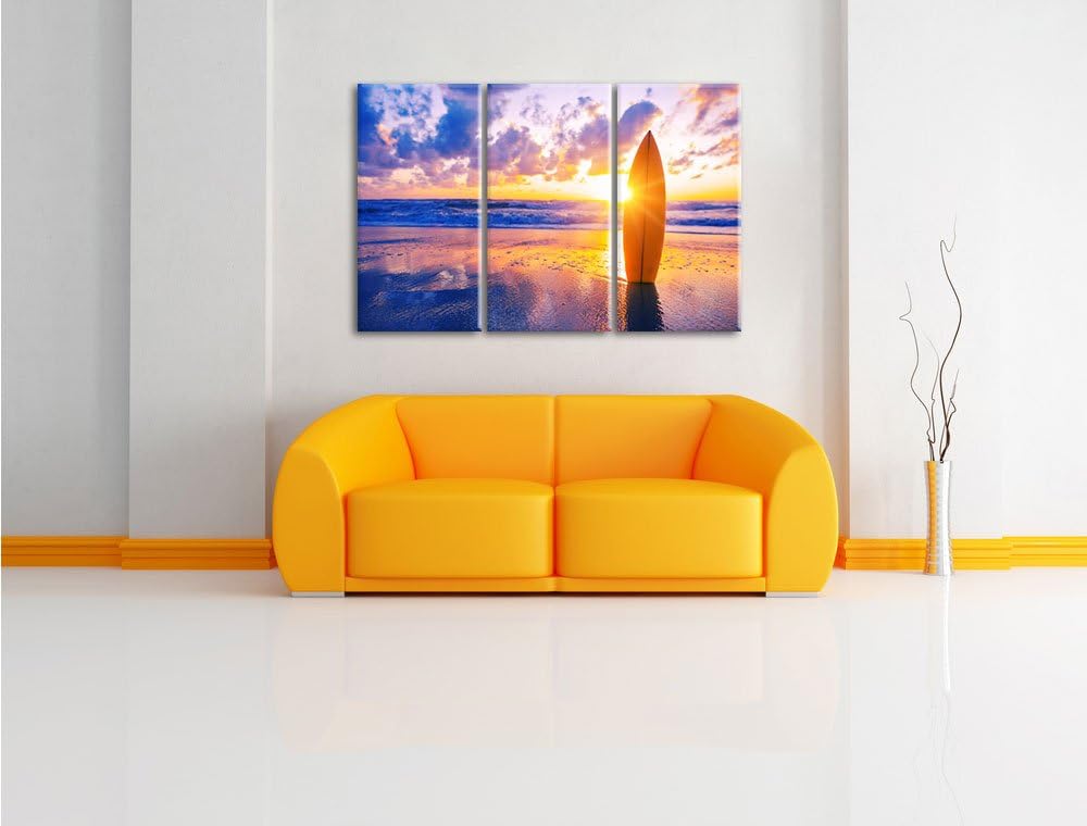 Pixxprint Surfbrett am Strand als Leinwandbild/Grösse: 3 Teilig (120x80 cm) cm/Wandbild/Kunstdruck/f