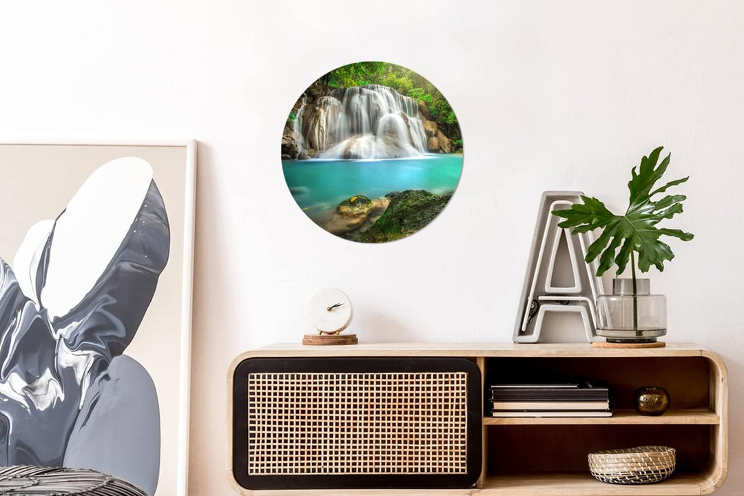 MuchoWow Wandbild Rund Wanddeko Deko Wohnzimmer Bilder 30x30 cm Wald - Wasserfall - Natur, 30x30 cm