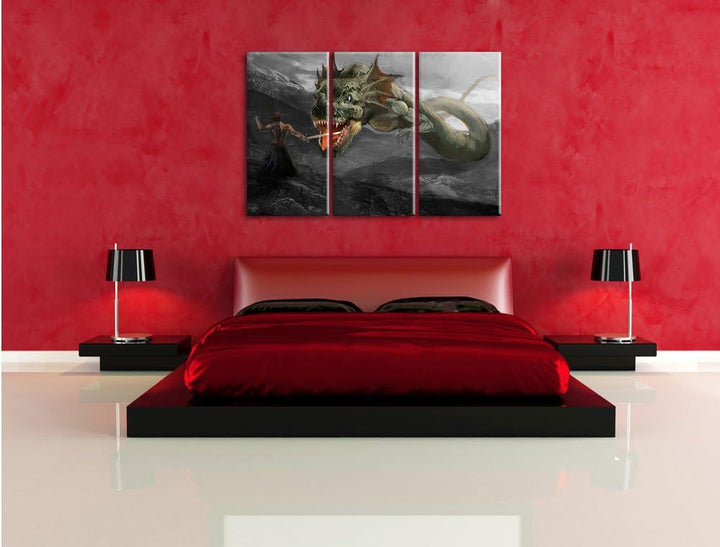 Pixxprint Drache kämpft gegen Krieger als Leinwandbild/Grösse: 3 Teilig (120x80) cm/Wandbild/Kunstdr