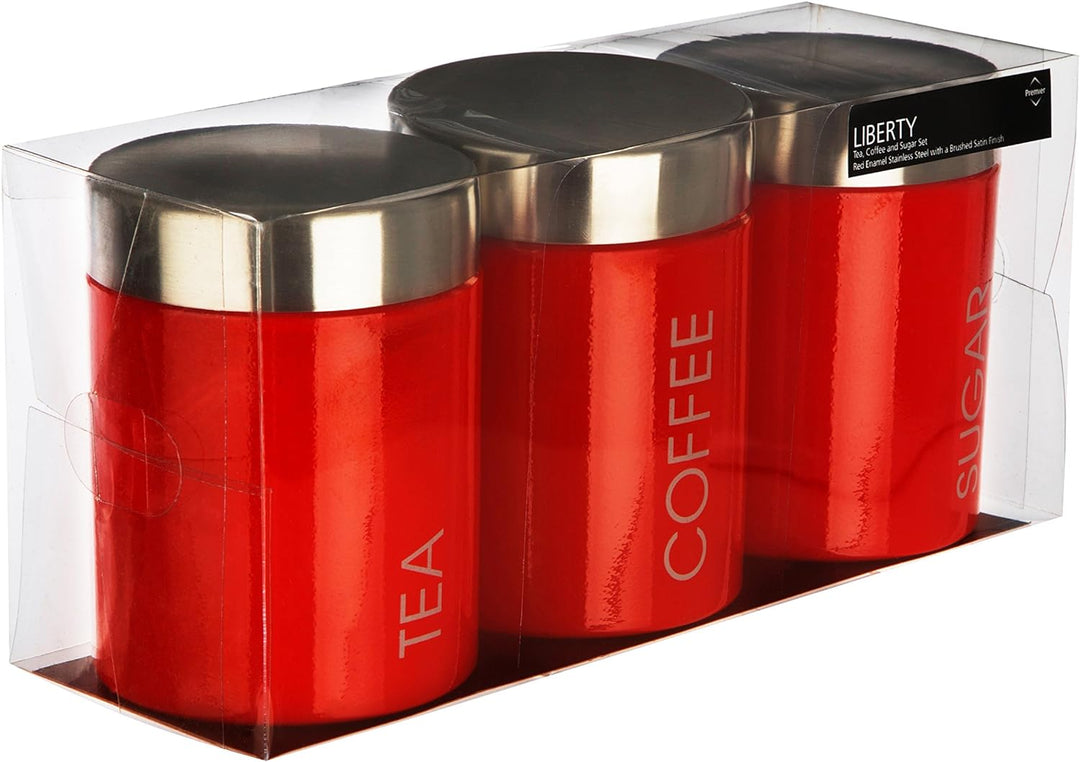 Premier Housewares Tea, Coffee and Sugar Set, Red Enamel, Satin Rostfreier Stahl Lids Liberty Behält