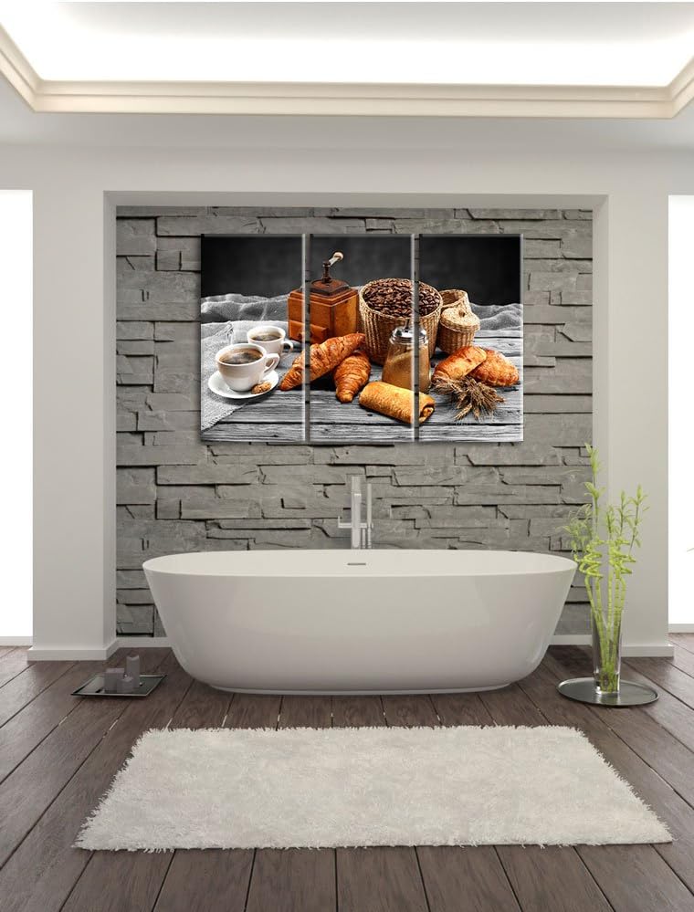 Pixxprint Aromatischer Kaffee mit Croissant Schwarz/Weiss 3-Teiler Leinwandbild 120x80 Bild auf Lein
