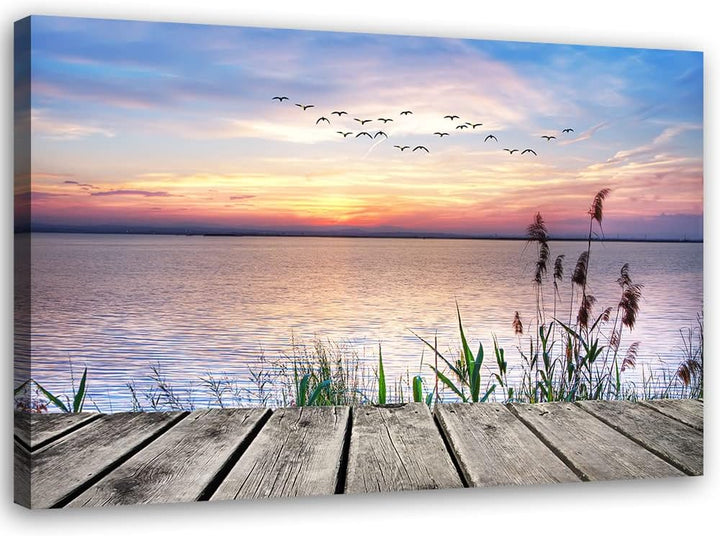 Feeby Vlies Leinwandbild See Sonnenuntergang Holzsteg Strand 90x60 cm Druckbild Wandbild Wanddekorat