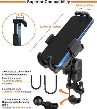 AGEofDMS Motorrad Handyhalterung mit Vibrationsdämpfer, Handyhalter für Roller, Fahrrad, One-Touch A