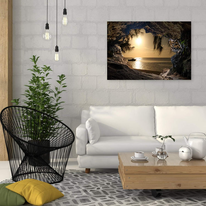 Feeby Wandbild Höhle ausblick Druckbild Leinwandbild Meer Orange 90x60 cm Leinwandbild 90x60 cm Oran