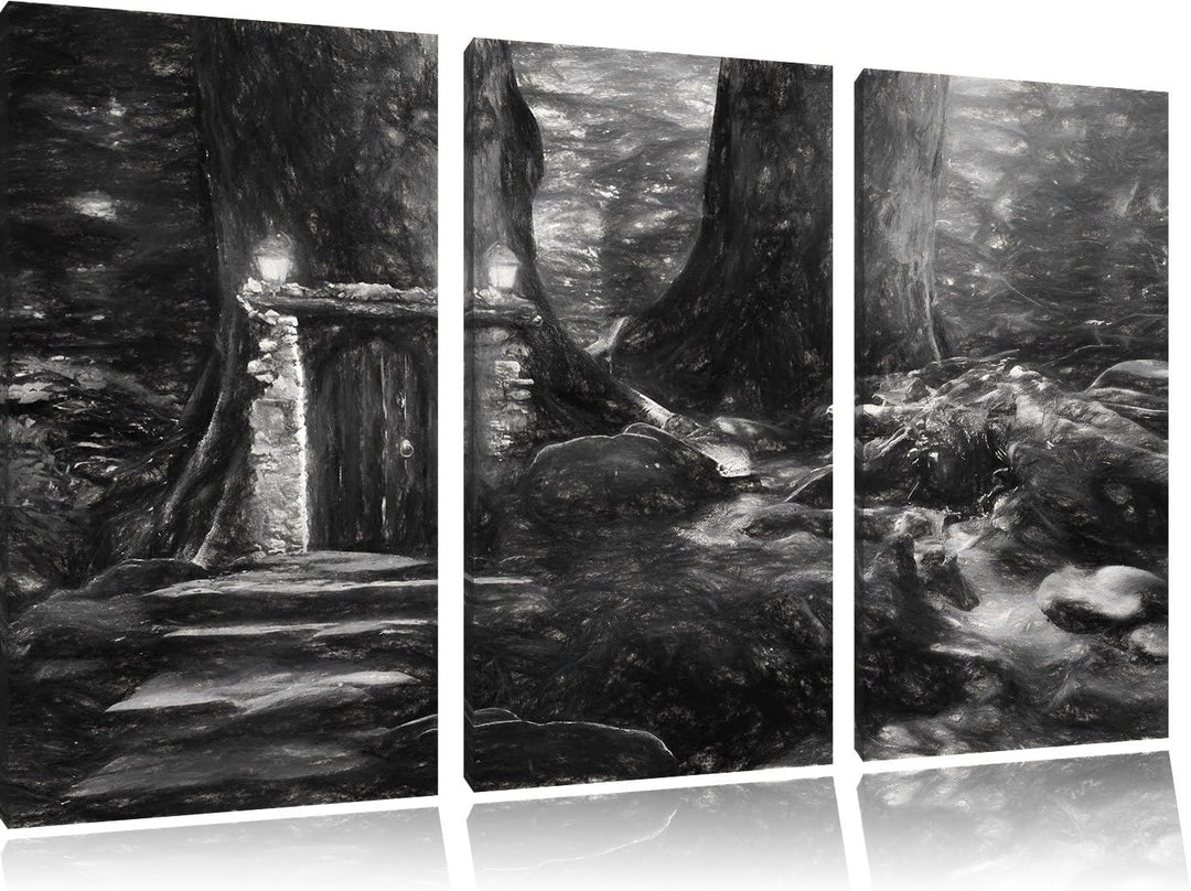 Pixxprint Geheimes Tor im Wald Kunst / 3-Teilig/Gesamtmass 120cm Leinwandbild bespannt auf Holzrahme
