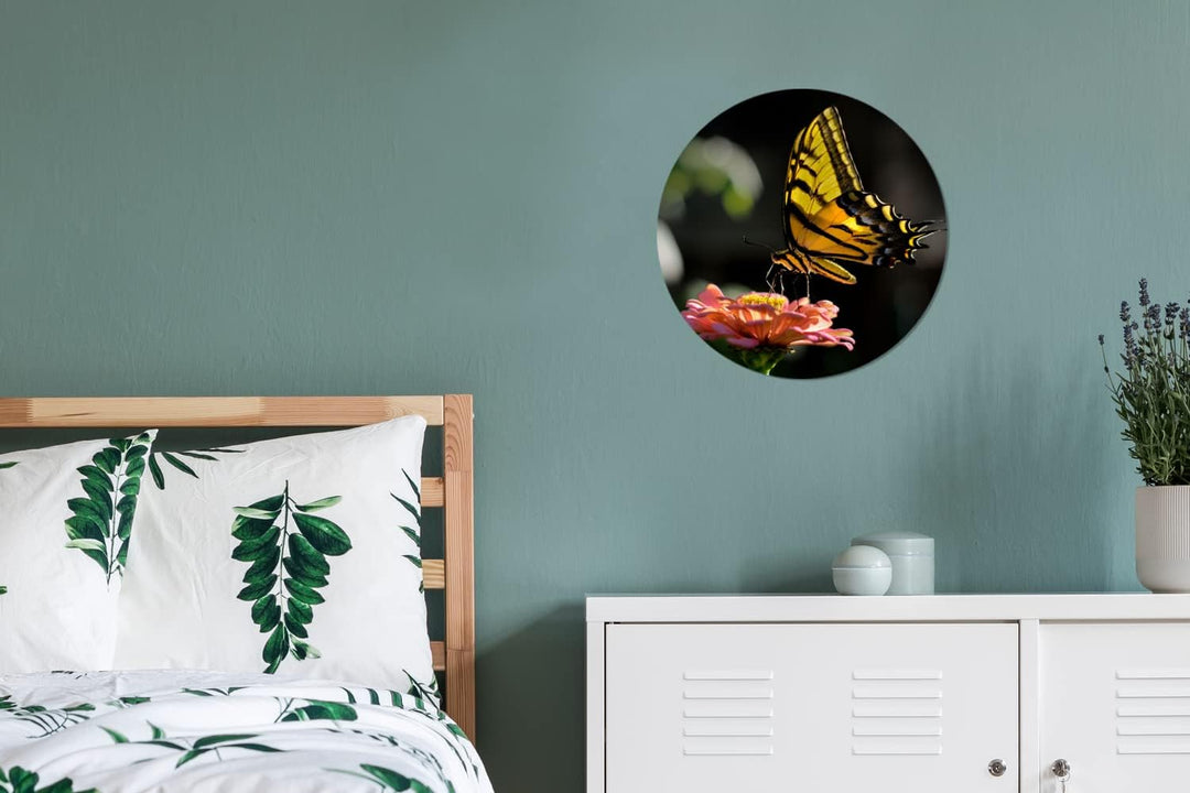 MuchoWow Wandbild Rund Wanddeko Deko Wohnzimmer Bilder 30x30 cm Schmetterling - Botanisch - Blume, 3