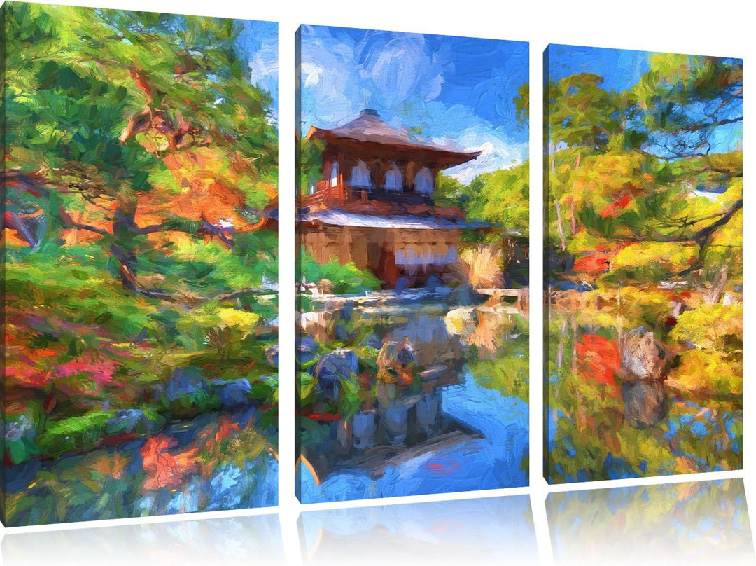 Pixxprint Ginkaku-ji-Tempel in Kyoto Kunst Pinsel Effekt 3-Teiler Leinwandbild 120x80 Bild auf Leinw