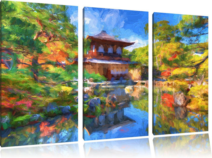 Pixxprint Ginkaku-ji-Tempel in Kyoto Kunst Pinsel Effekt 3-Teiler Leinwandbild 120x80 Bild auf Leinw