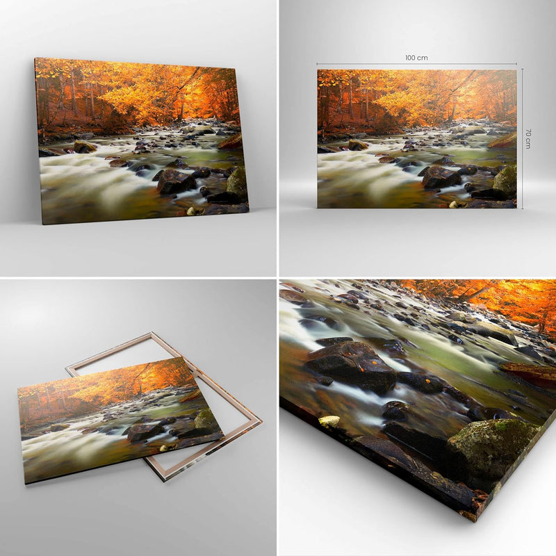 Bilder auf Leinwand 100x70cm Leinwandbild Stream Herbst Forrest Berg Gross Wanddeko Bild Schlafzimme