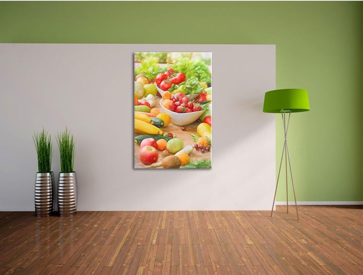 Pixxprint Buntes Obst und Gemüse / 100x70cm Leinwandbild bespannt auf Holzrahmen/Wandbild Kunstdruck