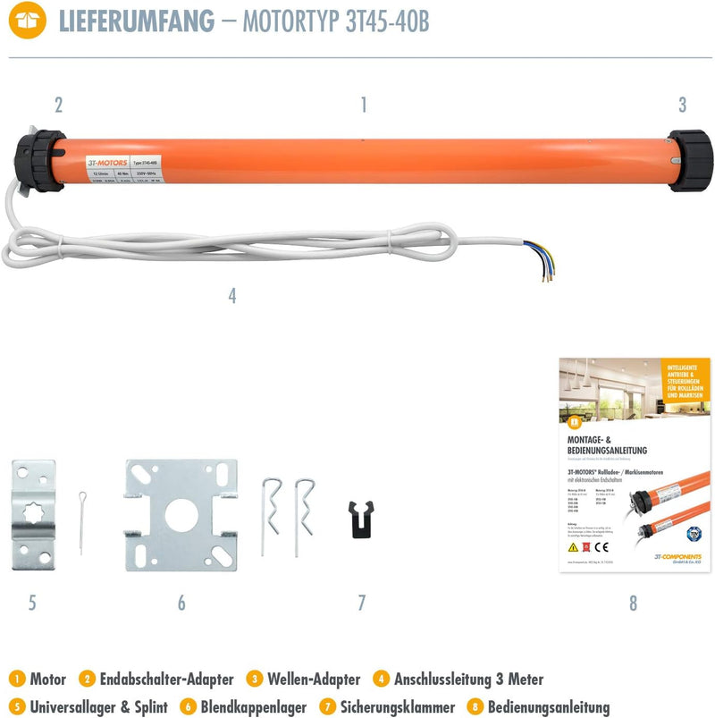 3T-MOTORS Markisenmotor 3T45-40B (Zugkraft 40 Nm/80 kg) für 70 mm Markisenwelle, zum Nachrüsten bei