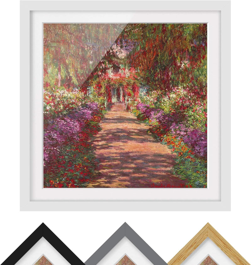 Bild gerahmt - C. Monet - Weg in Monets Garten in Giverny - Farbe Weiss 30x30cm 30cm x 30cm Weiss, 3