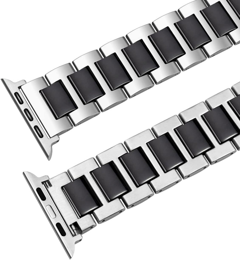 YISIWERA 38mm 40mm 41mm Armband Kompatibel für Apple Watch Schwarz Keramik Silber Metall Armband 49m