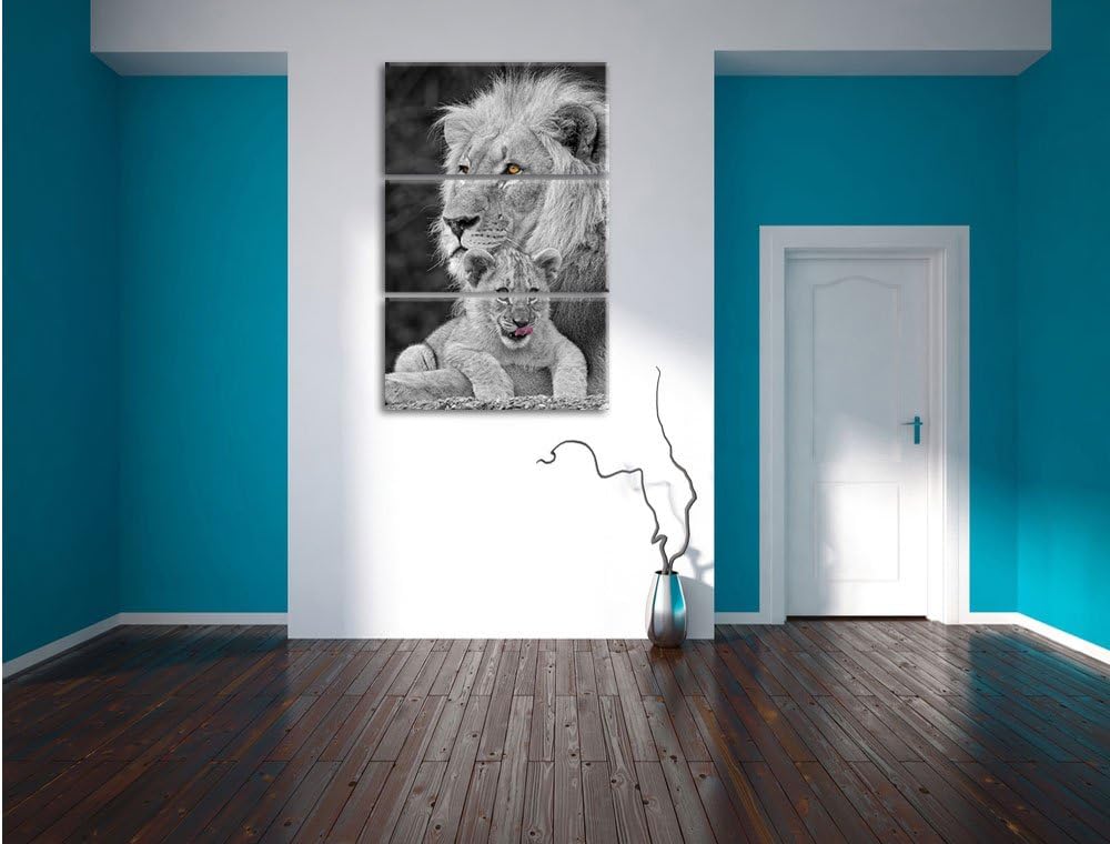 Pixxprint Löwe kuschelt mit Jungtier als Leinwandbild/Grösse: 3 Teilig (120x80) cm/Wandbild/Kunstdru