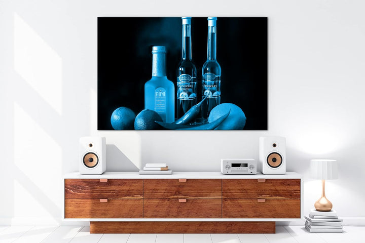 deyoli Dark bunte Lebensmittel mit Essig Format 80x60 Effekt: Monocrome Blau als Leinwandbild, Motiv
