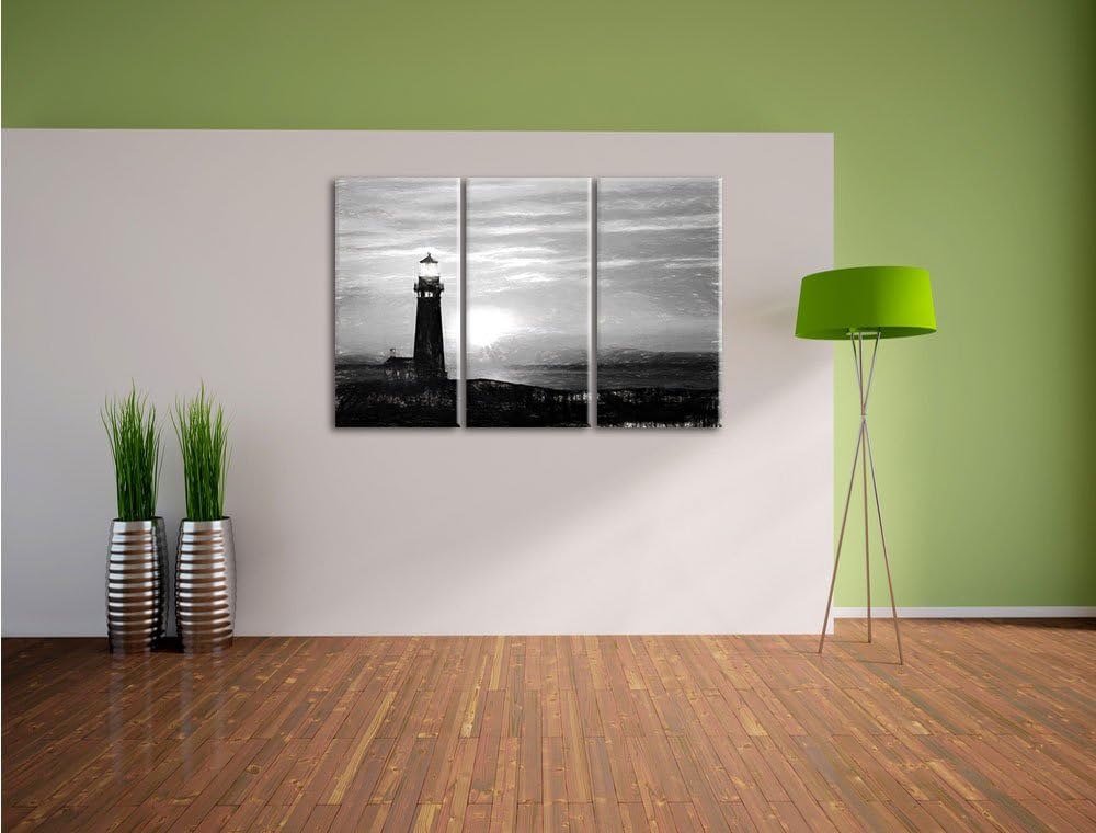 Pixxprint Leuchtturm im Sonnenuntergang / 3-Teilig/Gesamtmass 120cm Leinwandbild bespannt auf Holzra