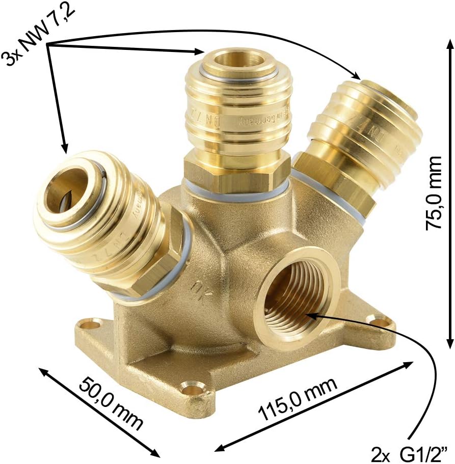 Fittingteile - Wanddose Druckluftverteiler mit 3x Druckluftkupplung NW 7,2 - G 1/2", G 1/2"