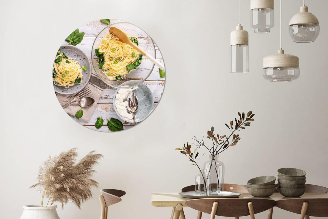 MuchoWow Wandbild Rund Wanddeko Deko Wohnzimmer Bilder 90x90 cm Nudeln - Basilikum - Kochen, 90x90 c