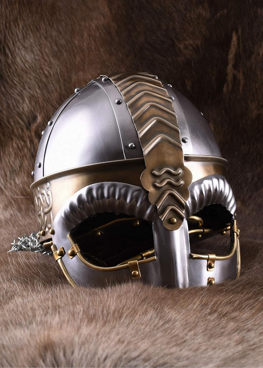Battle-Merchant Brillenhelm Beowulf mit Wangenklappen und Kettenbrünne mit verstellbarem Lederinlay