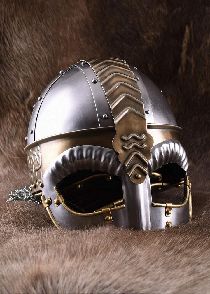 Battle-Merchant Brillenhelm Beowulf mit Wangenklappen und Kettenbrünne mit verstellbarem Lederinlay