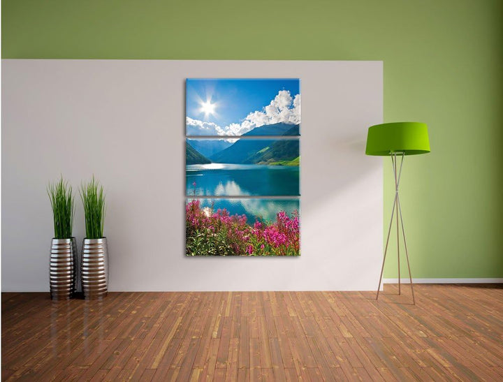 Pixxprint Blumenwiese See als Leinwandbild - Grösse: 3-Teilig (120x80cm) - Wandbild - Kunstdruck - f