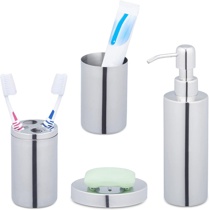 Relaxdays Badezimmer Set, 4-teilig, Badaccessoires Edelstahl poliert, komplette Badezimmerausstattun
