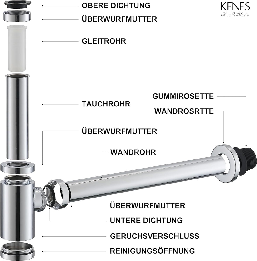 KENES Siphon Universal für Waschbecken & Waschtisch - Röhrensiphon/Siphon Waschbecken | Röhrensiphon