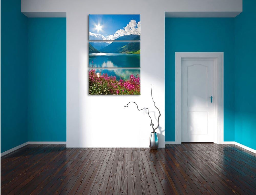 Pixxprint Blumenwiese See als Leinwandbild - Grösse: 3-Teilig (120x80cm) - Wandbild - Kunstdruck - f