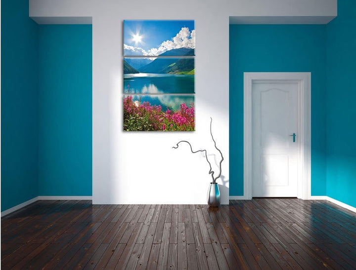 Pixxprint Blumenwiese See als Leinwandbild - Grösse: 3-Teilig (120x80cm) - Wandbild - Kunstdruck - f