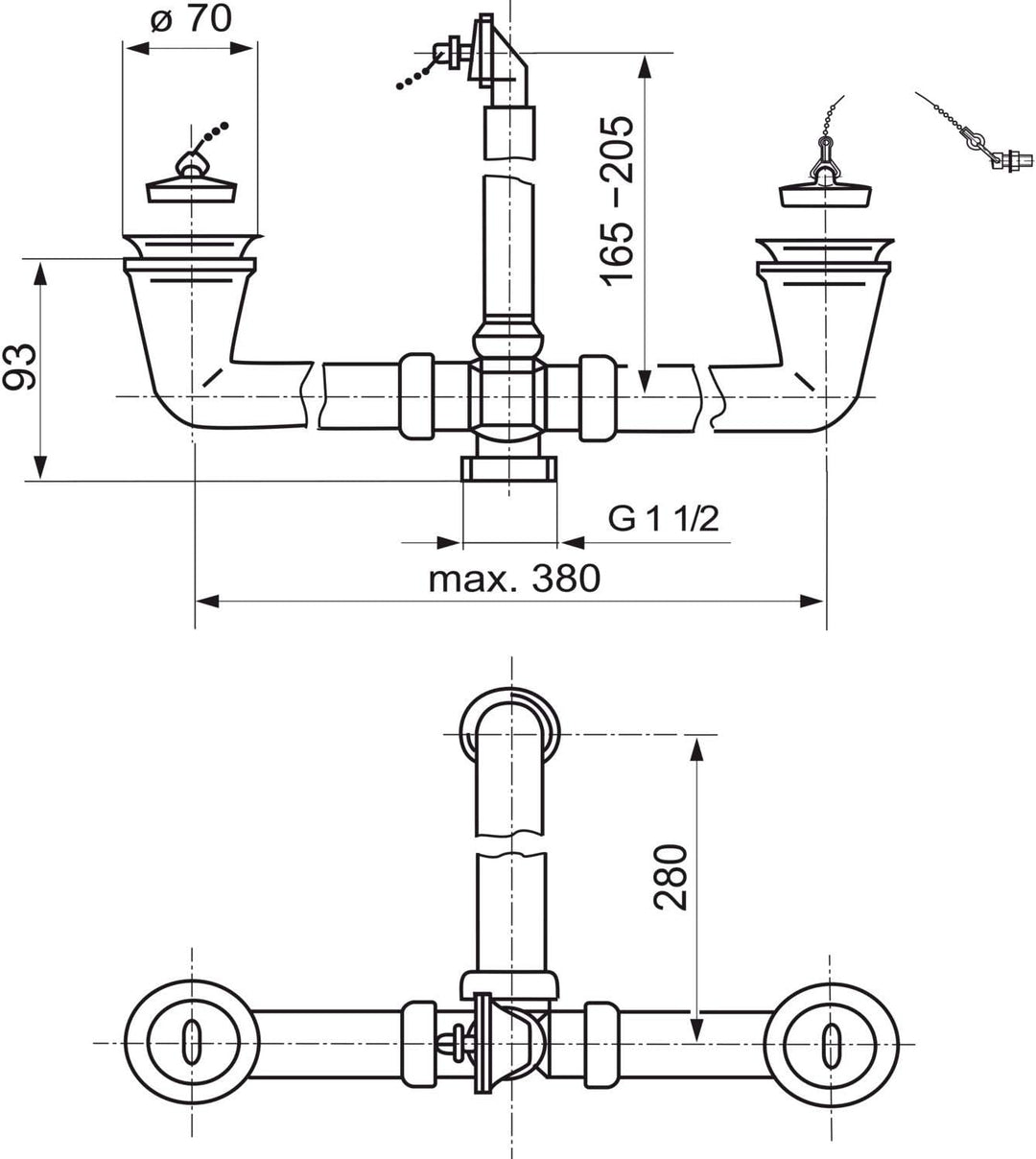 Sanit Ab- Überlaufgarnitur G1 ½, 2 Stopfen (max. 380mm beidseitig, Kunststoff, Raumsparabgang zentri