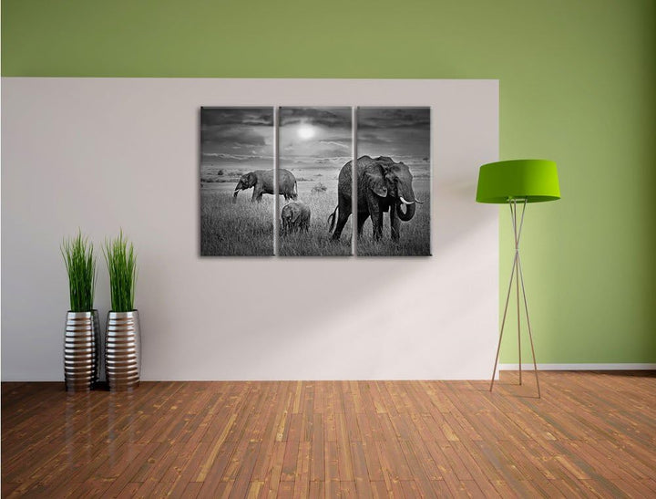 Pixxprint Elefanten bei Sonnenuntergang in der Savanne Kunst B&W 3-Teiler Leinwandbild 120x80 Bild a