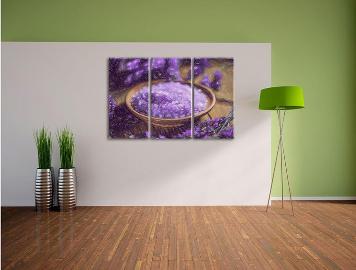 Pixxprint Violettes Badesalz auf Holzuntergrund Kunst Buntstift Effekt 3-Teiler Leinwandbild 120x80
